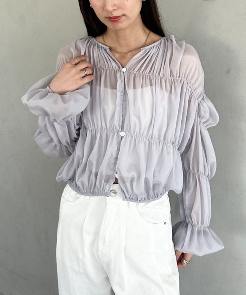フリルシャーリングシフォンショートブラウス | MD2253016 | グレー