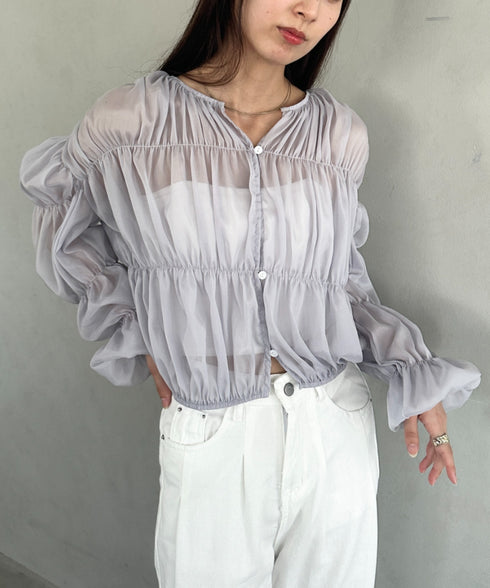 フリルシャーリングシフォンショートブラウス | MD2253016 | グレー
