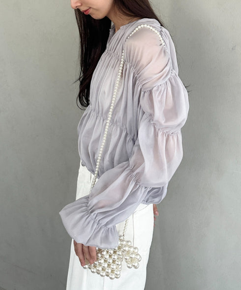 フリルシャーリングシフォンショートブラウス | MD2253016 | グレー