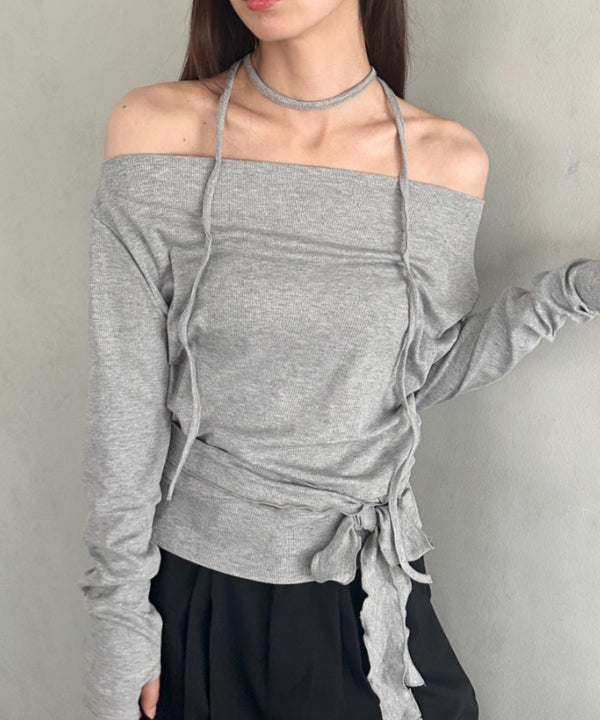 チョーカー ウエストリボン付き3点SET オフショルダードレープトップス | MD2253017 | グレー