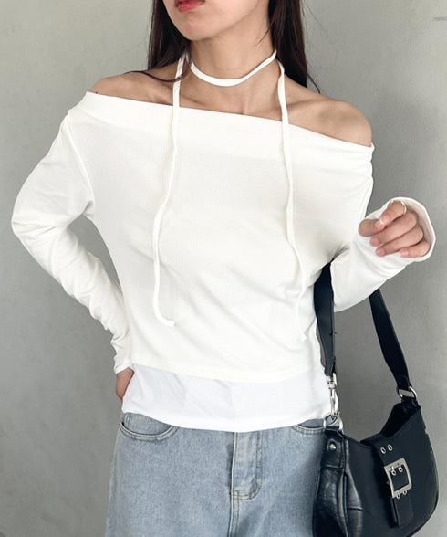 チョーカー ウエストリボン付き3点SET オフショルダードレープトップス | MD2253017 | ホワイト