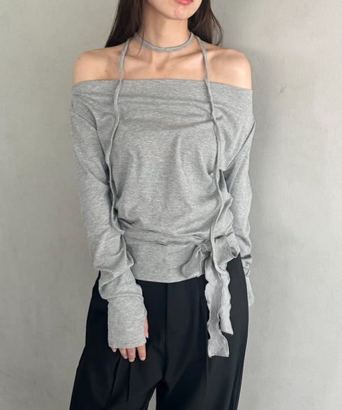 チョーカー ウエストリボン付き3点SET オフショルダードレープトップス | MD2253017 | グレー