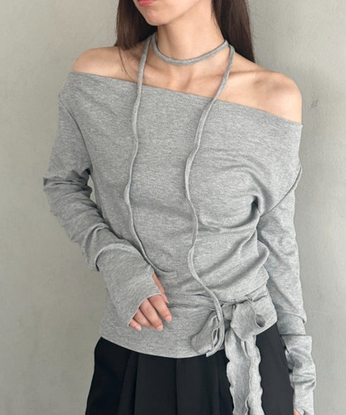 チョーカー ウエストリボン付き3点SET オフショルダードレープトップス | MD2253017 | グレー