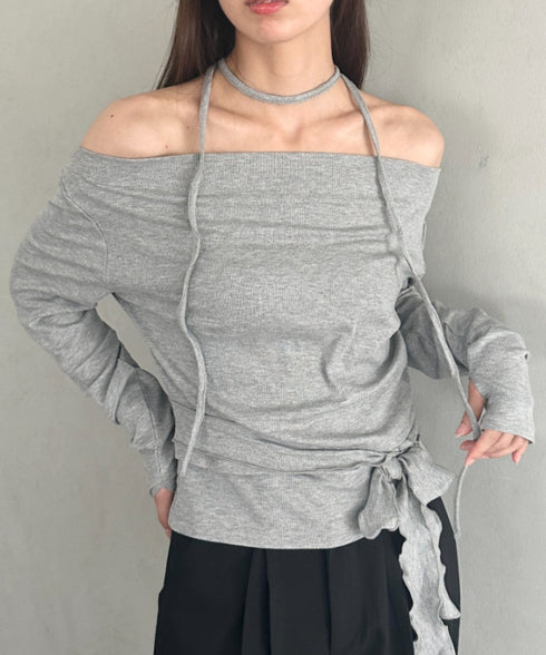 チョーカー ウエストリボン付き3点SET オフショルダードレープトップス | MD2253017 | グレー