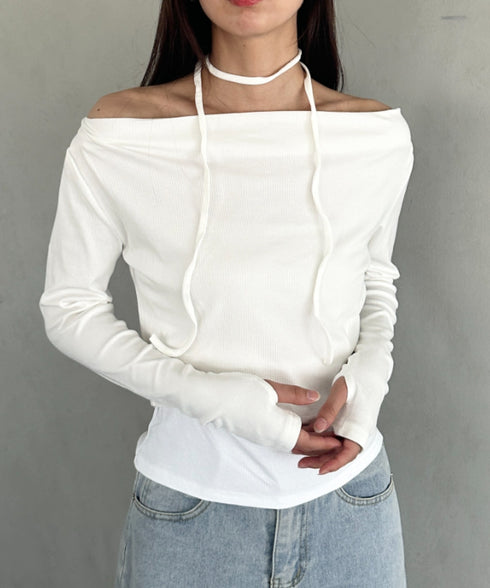 チョーカー ウエストリボン付き3点SET オフショルダードレープトップス | MD2253017 | ホワイト