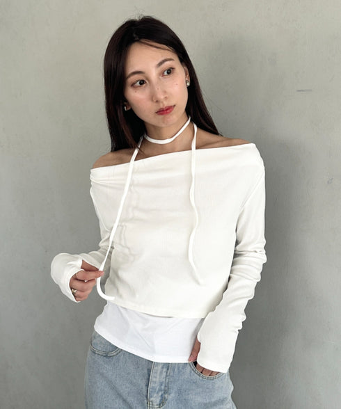 チョーカー ウエストリボン付き3点SET オフショルダードレープトップス | MD2253017 | ホワイト