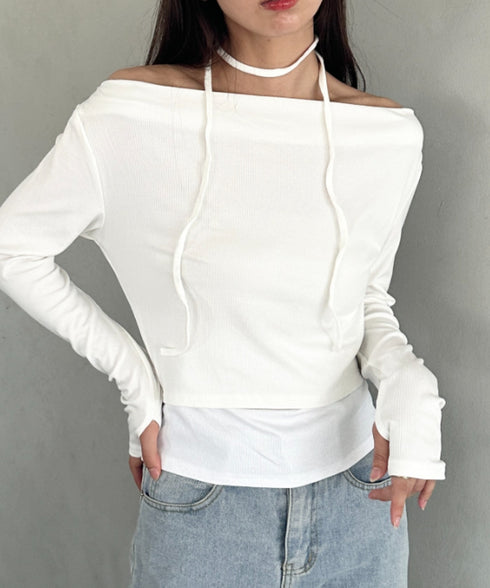 チョーカー ウエストリボン付き3点SET オフショルダードレープトップス | MD2253017 | ホワイト