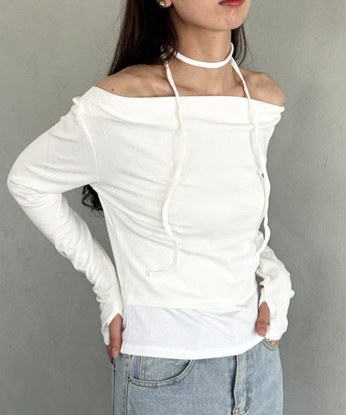 チョーカー ウエストリボン付き3点SET オフショルダードレープトップス | MD2253017 | ホワイト