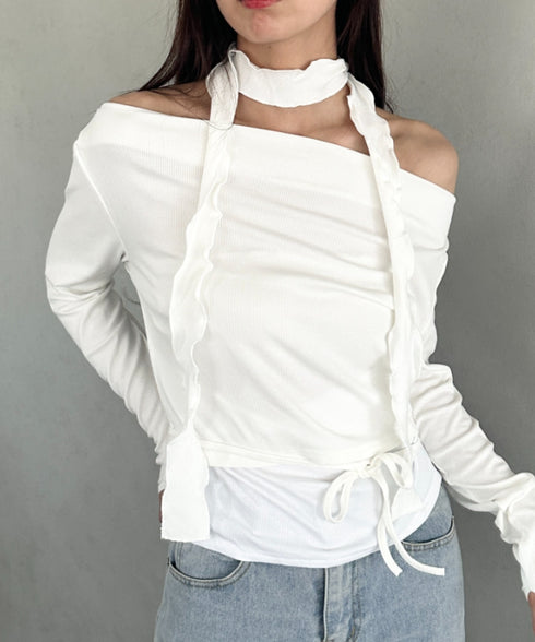 チョーカー ウエストリボン付き3点SET オフショルダードレープトップス | MD2253017 | ホワイト