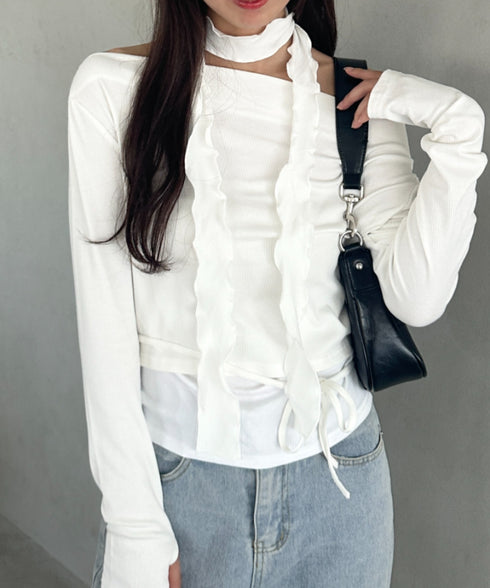 チョーカー ウエストリボン付き3点SET オフショルダードレープトップス | MD2253017 | ホワイト