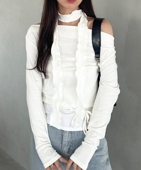 チョーカー ウエストリボン付き3点SET オフショルダードレープトップス | MD2253017 | ホワイト