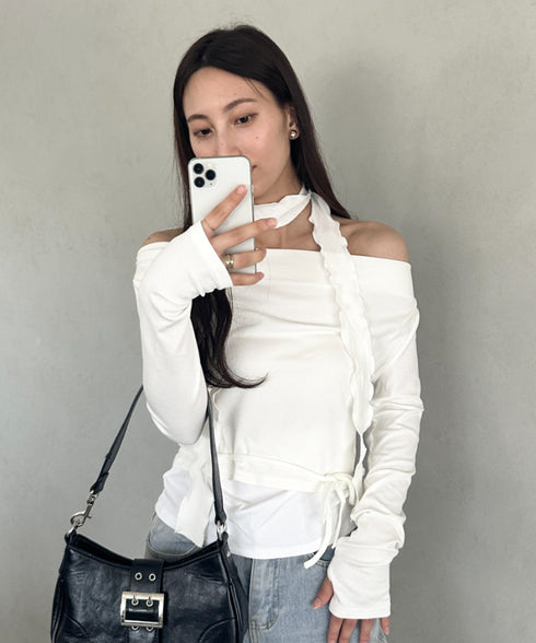 チョーカー ウエストリボン付き3点SET オフショルダードレープトップス | MD2253017 | ホワイト