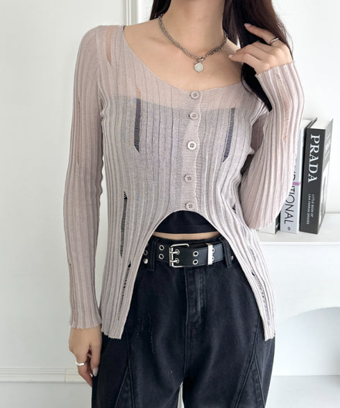 前ボタンダメージニットトップス | WR2253022 | グレー