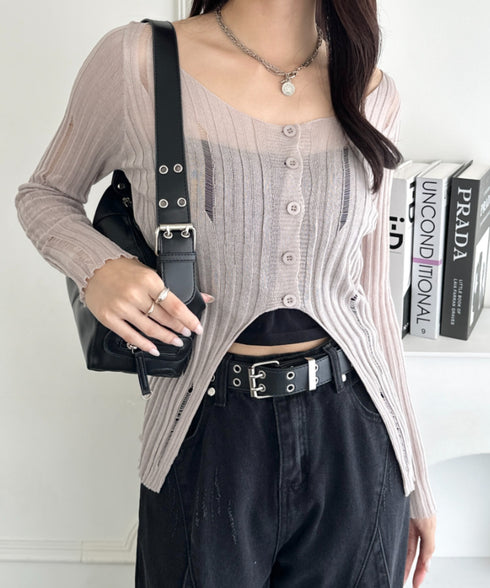 前ボタンダメージニットトップス | WR2253022 | グレー