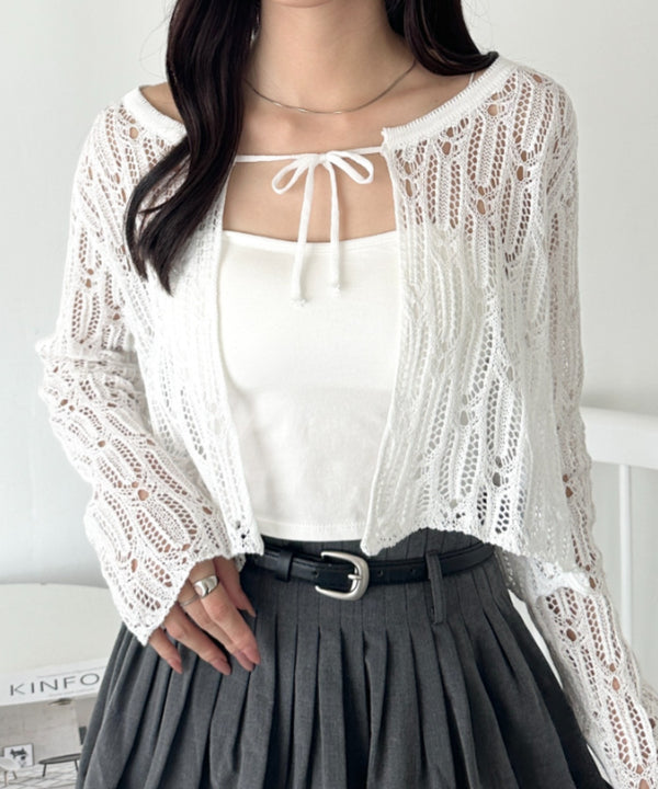 フロントリボンかぎ編みショートボレロカーディガン | WR2253016 | ホワイト