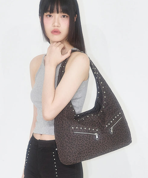 ILLIGO(イリゴ)/大容量 レオパード スタッズ ショルダー トートバッグ/LEOPARD STUD SHOULDER BAG | AT1253026 | ダークブラウン