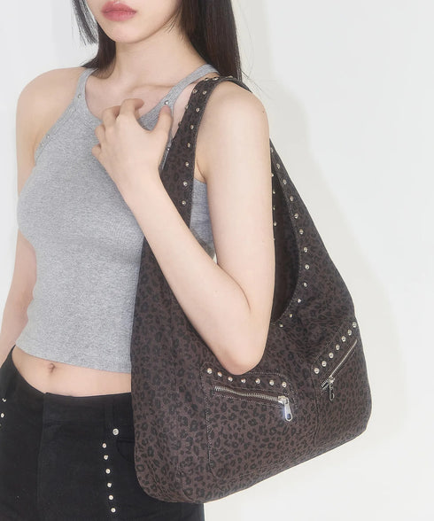 ILLIGO(イリゴ)/大容量 レオパード スタッズ ショルダー トートバッグ/LEOPARD STUD SHOULDER BAG | AT1253026 | ダークブラウン
