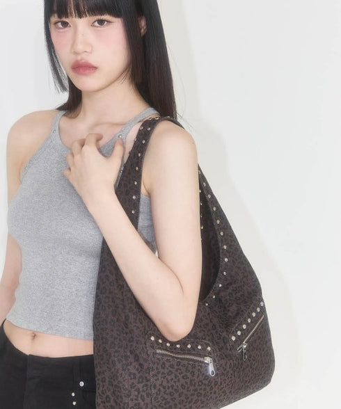 ILLIGO(イリゴ)/大容量 レオパード スタッズ ショルダー トートバッグ/LEOPARD STUD SHOULDER BAG | AT1253026 | ダークブラウン