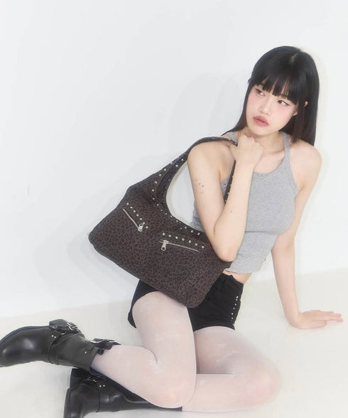 ILLIGO(イリゴ)/大容量 レオパード スタッズ ショルダー トートバッグ/LEOPARD STUD SHOULDER BAG | AT1253026 | ダークブラウン