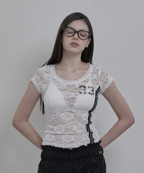 SETUPEXE(セットアップイーエックスイー)/レース 半袖 Tシャツ/33 LACE TOP | AT2253027 | ホワイト