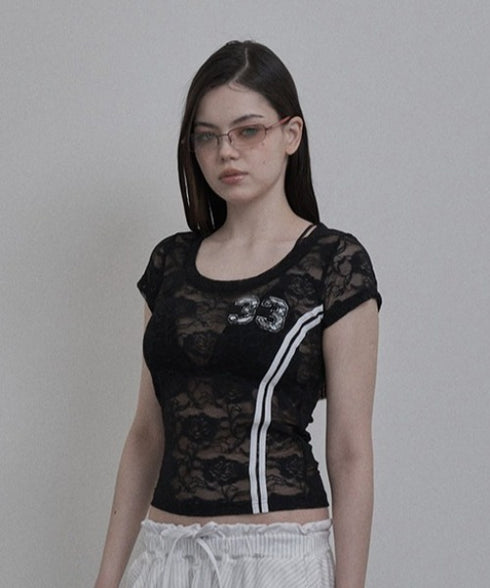 SETUPEXE(セットアップイーエックスイー)/レース 半袖 Tシャツ/33 LACE TOP | AT2253027 | ブラック