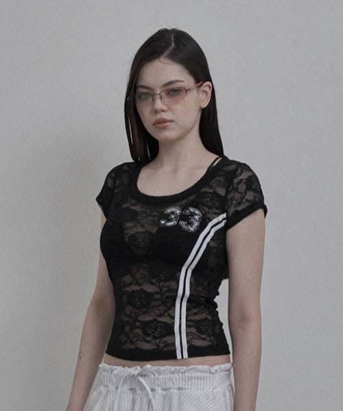SETUPEXE(セットアップイーエックスイー)/レース 半袖 Tシャツ/33 LACE TOP | AT2253027 | ブラック