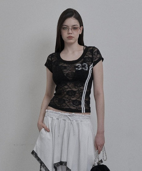 SETUPEXE(セットアップイーエックスイー)/レース 半袖 Tシャツ/33 LACE TOP | AT2253027 | ブラック
