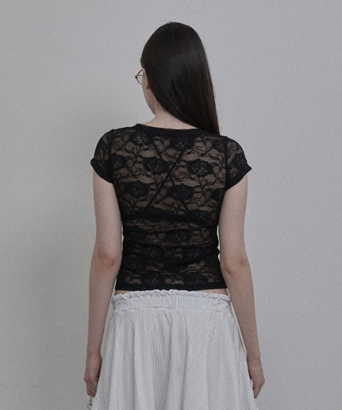 SETUPEXE(セットアップイーエックスイー)/レース 半袖 Tシャツ/33 LACE TOP | AT2253027 | ブラック