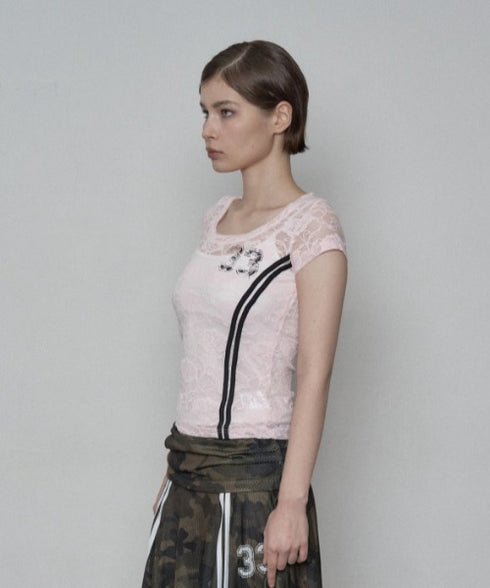 SETUPEXE(セットアップイーエックスイー)/レース 半袖 Tシャツ/33 LACE TOP | AT2253027 | ピンク