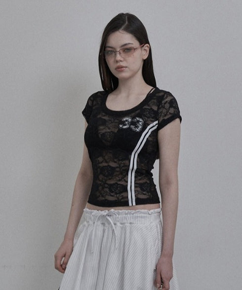SETUPEXE(セットアップイーエックスイー)/レース 半袖 Tシャツ/33 LACE TOP | AT2253027 | ブラック