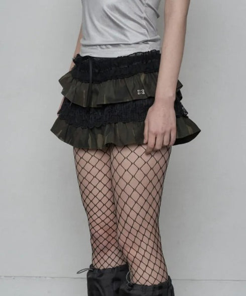 SETUPEXE(セットアップイーエックスイー)/レース フリル チュチュ ティアード ミニ スカパン/TUTU MIX SKRIT PANTS | AT2253028 | グリーン系カモフラージュ