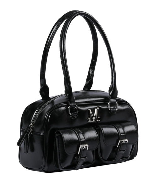 MUCENT(ムセント)/軽量 ショルダー ハンドバッグ/BIRUS METAL LOGO ENAMEL 2-BELT POCKET SHOULER BAG | AT1253030 | ブラック