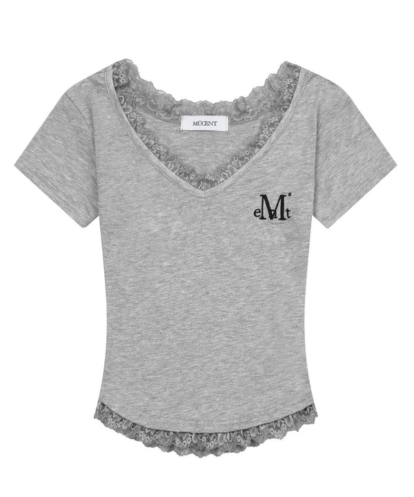 MUCENT(ムセント)/Vネック クロップド 半袖 Tシャツ/SUNNIOR LACE V-NECK HALF T | AT2253034 | グレー