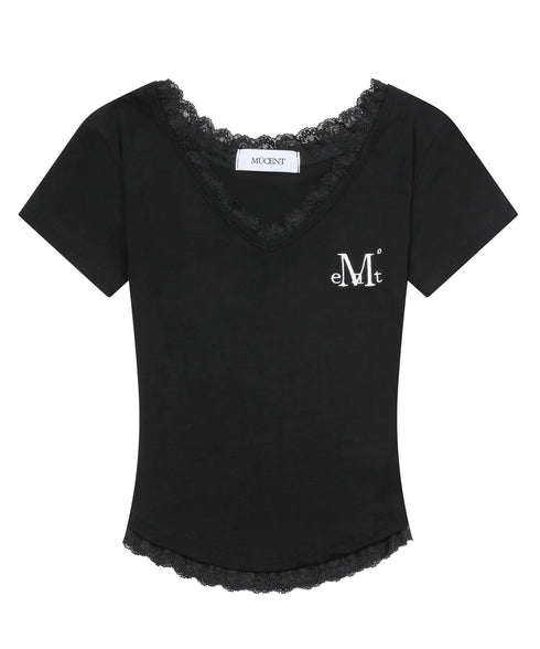 MUCENT(ムセント)/Vネック クロップド 半袖 Tシャツ/SUNNIOR LACE V-NECK HALF T | AT2253034 | ブラック