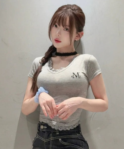 MUCENT(ムセント)/Vネック クロップド 半袖 Tシャツ/SUNNIOR LACE V-NECK HALF T | AT2253034 | グレー