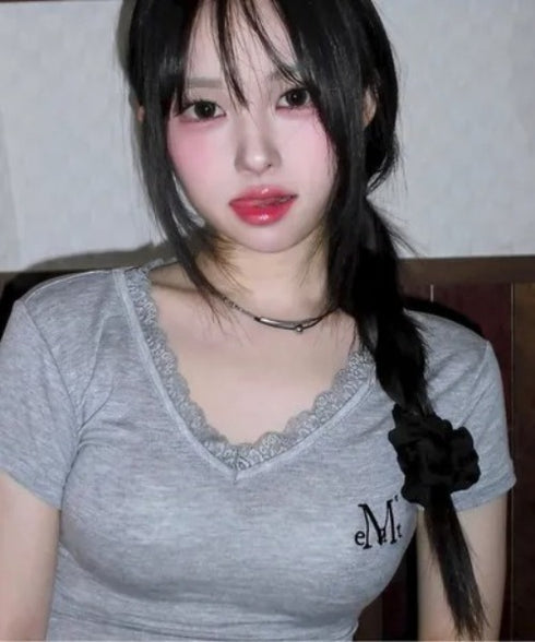 MUCENT(ムセント)/Vネック クロップド 半袖 Tシャツ/SUNNIOR LACE V-NECK HALF T | AT2253034 | グレー