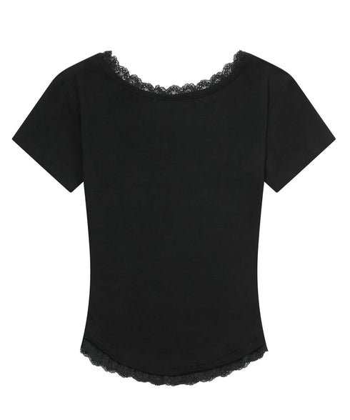 MUCENT(ムセント)/Vネック クロップド 半袖 Tシャツ/SUNNIOR LACE V-NECK HALF T | AT2253034 | ブラック