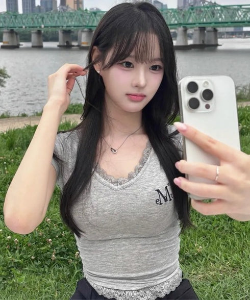 MUCENT(ムセント)/Vネック クロップド 半袖 Tシャツ/SUNNIOR LACE V-NECK HALF T | AT2253034 | グレー