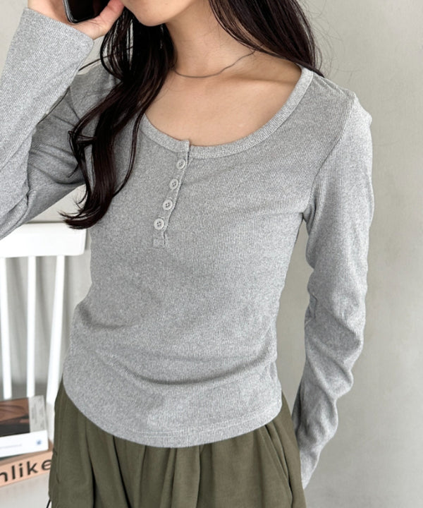 ヘンリーネック長袖リブコンパクトトップス | CL2253011 | グレー