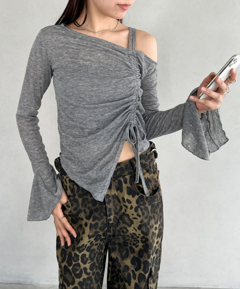 サイドシャーリングワンショルダーシアー長袖トップス | BA2253006 | グレー