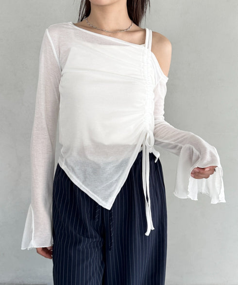 サイドシャーリングワンショルダーシアー長袖トップス | BA2253006 | ホワイト