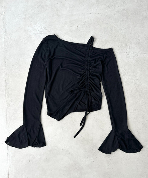 サイドシャーリングワンショルダーシアー長袖トップス | BA2253006 | ブラック