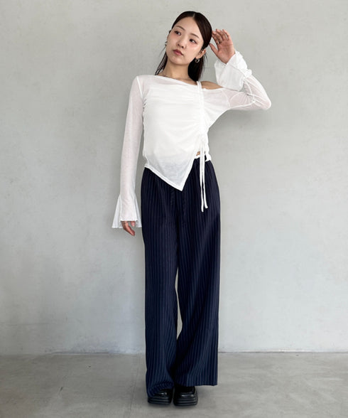 サイドシャーリングワンショルダーシアー長袖トップス | BA2253006 | ホワイト