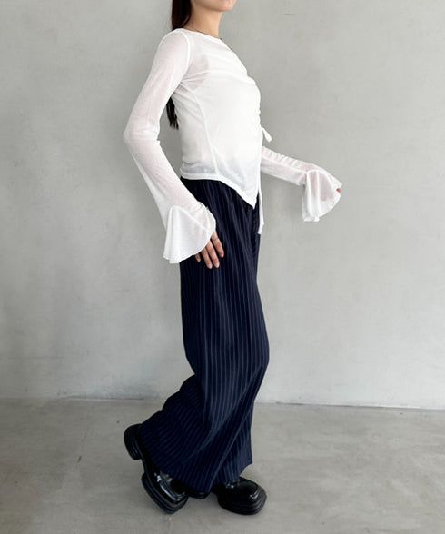 サイドシャーリングワンショルダーシアー長袖トップス | BA2253006 | ホワイト