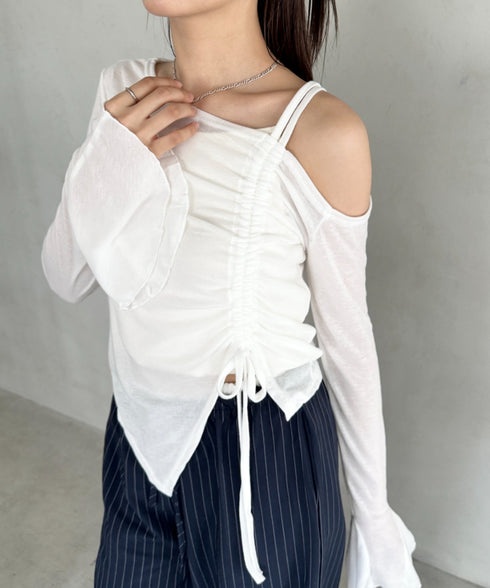 サイドシャーリングワンショルダーシアー長袖トップス | BA2253006 | ホワイト