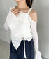 サイドシャーリングワンショルダーシアー長袖トップス | BA2253006 | ホワイト