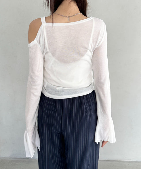 サイドシャーリングワンショルダーシアー長袖トップス | BA2253006 | ホワイト