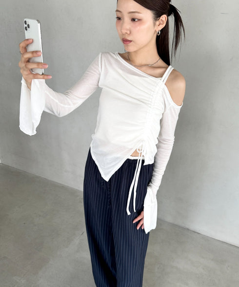 サイドシャーリングワンショルダーシアー長袖トップス | BA2253006 | ホワイト