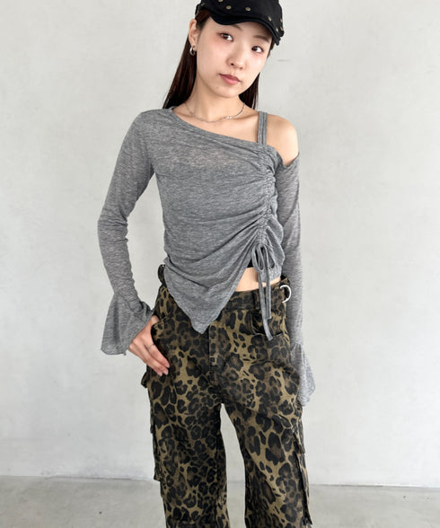 サイドシャーリングワンショルダーシアー長袖トップス | BA2253006 | グレー