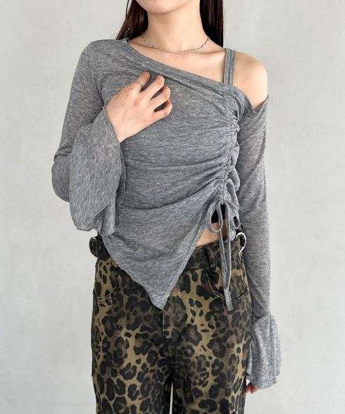 サイドシャーリングワンショルダーシアー長袖トップス | BA2253006 | グレー